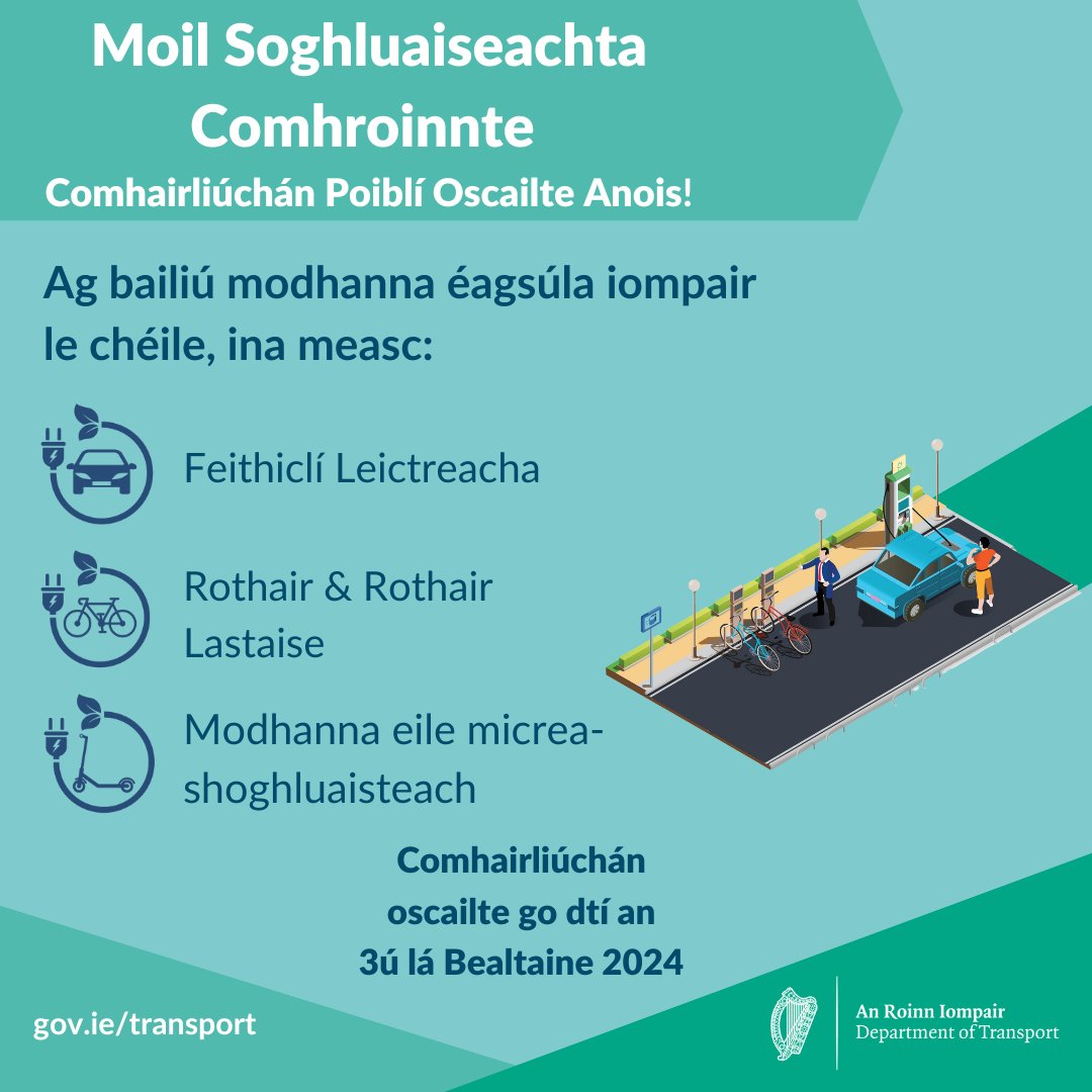 🚲🛴 Comhairliúchán Poiblí ar Mhoil Soghluaisteachta Chomhroinnte oscailte anois Trí seirbhísí a dhéanamh níos fairsinge agus níos insroichte, cabhróidh na moil le dhaoine an gluaisteán a fhágáil sa bhaile agus modhanna iompair níos inbhuanaithe a úsáid bit.ly/4ae7JSz