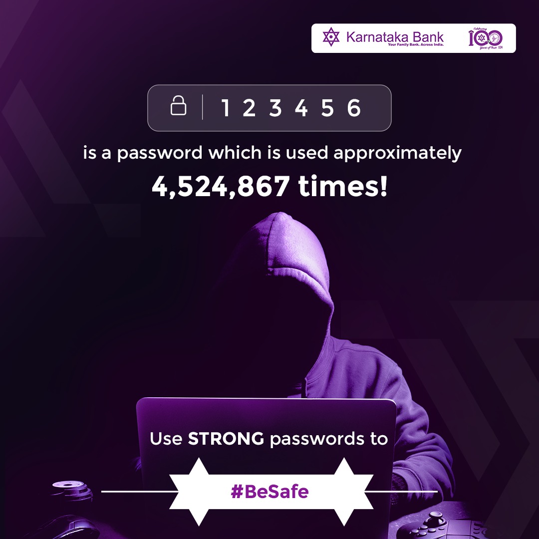 Fortify Your Accounts with Strong Passwords - Your First Line of Defense to #BeSafe

#karnatakabank #cybersecurity #fraudalert #fraudawareness #bankingfraud #banking #easybanking