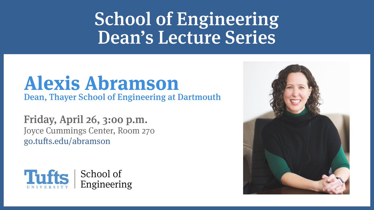 We're excited to welcome Alexis Abramson, E95, EG98, back to campus for the SOE Dean's Lecture on April 26! Abramson is Dean and Professor of Engineering at Dartmouth College, where she puts human-centered engineering at the heart of education. Register at bit.ly/3VGvnmP