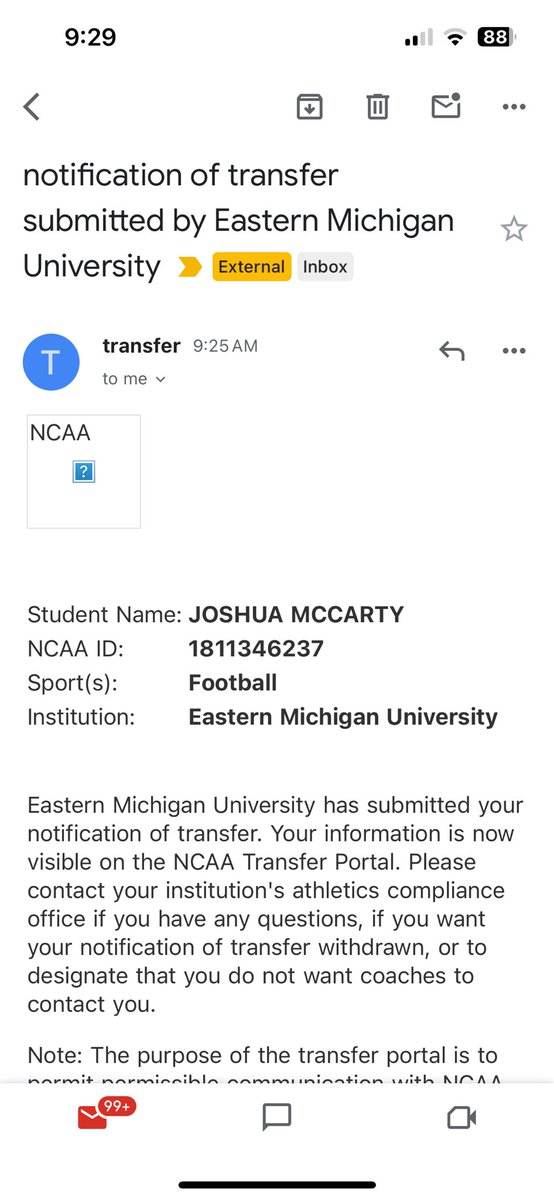 JoshMcCarty25's tweet photo. Officially in the portal! Once again, thank you Eastern. https://t.co/n3B7BQTzC5