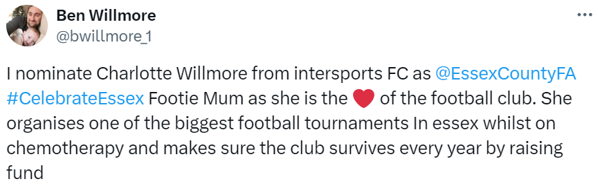 EssexCountyFA's tweet photo. Congratulations to Dawn O’Connor (@TrinityFC_Essex) and Charlotte Willmore (@intersports_fc), who are join winners of our #CelebrateEssex 'Footie Mums' category! https://t.co/yeBcGJVy49 https://t.co/oBPvWpSD2p https://t.co/ViNmxXiABq