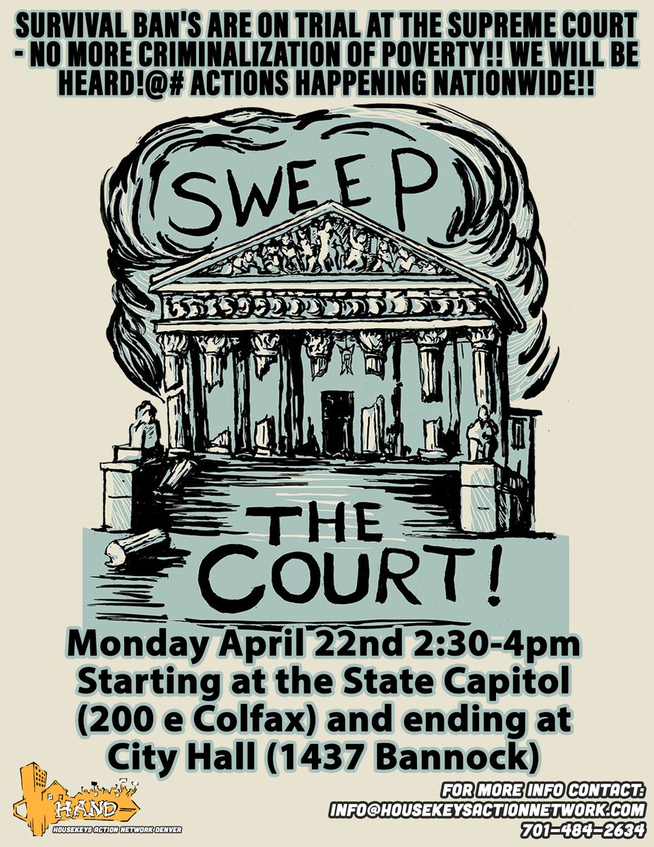 HousekeysAction's tweet photo. Survival Ban's are on trial at the Supreme Court!@#

Actions happening Nationwide!! 14 Cities and counting!

Join us in Denver
Monday April 22nd 2:30-4pm Starting at the State Capitol (200 e Colfax) and ending at City Hall (1437 Bannock)

Read more https://t.co/deWoSGjy9N https://t.co/cFPjgEEnm5