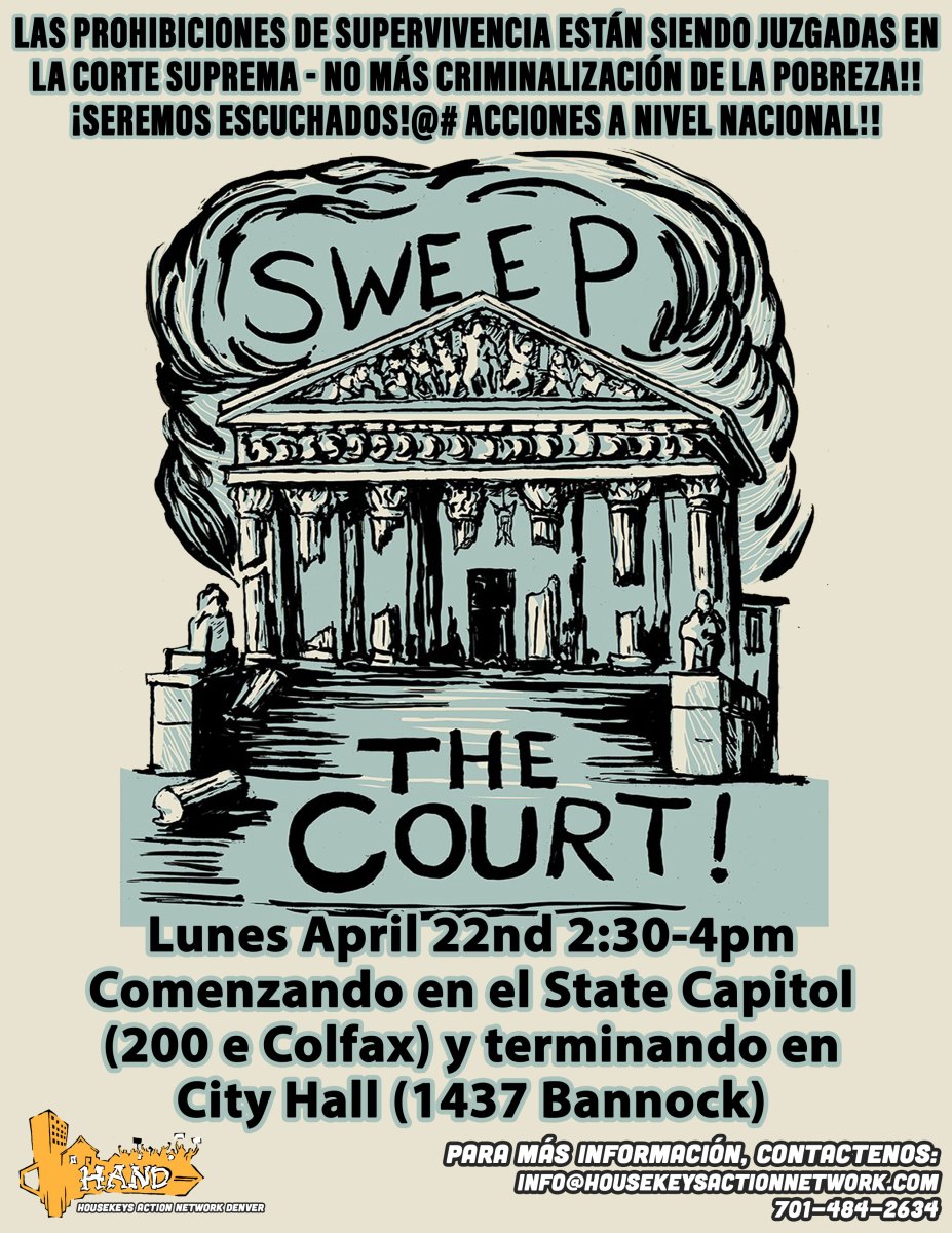 HousekeysAction's tweet photo. Survival Ban's are on trial at the Supreme Court!@#

Actions happening Nationwide!! 14 Cities and counting!

Join us in Denver
Monday April 22nd 2:30-4pm Starting at the State Capitol (200 e Colfax) and ending at City Hall (1437 Bannock)

Read more https://t.co/deWoSGjy9N https://t.co/cFPjgEEnm5
