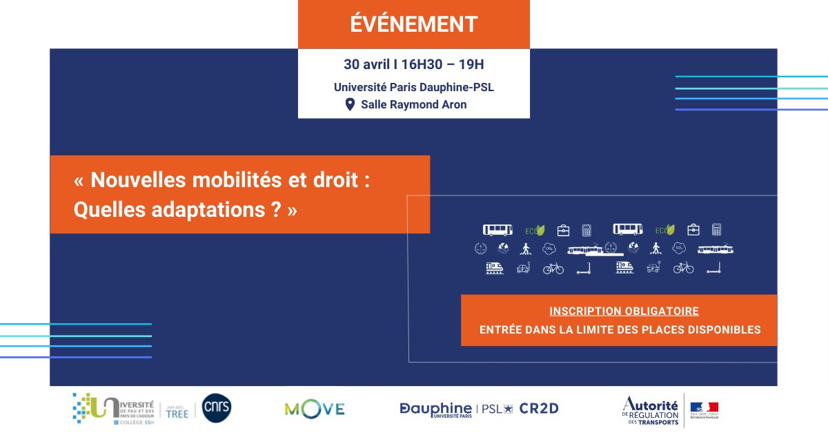 Autorité de régulation des transports (@art_transports) on Twitter photo 📆 Le 30 avril, l’<a href="/ART_transports/">Autorité de régulation des transports</a> intervient au #colloque « Nouvelles mobilités et droit : quelles adaptations ? » organisé à l'Université <a href="/Paris_Dauphine/">Université Paris Dauphine - PSL</a>
🔴Retrouvez le programme détaillé et le lien d'inscription pour assister à l'événement ici : tree.univ-pau.fr/fr/publication 📆 Le 30 avril, l’<a href="/ART_transports/">Autorité de régulation des transports</a> intervient au #colloque « Nouvelles mobilités et droit : quelles adaptations ? » organisé à l'Université <a href="/Paris_Dauphine/">Université Paris Dauphine - PSL</a>
🔴Retrouvez le programme détaillé et le lien d'inscription pour assister à l'événement ici : tree.univ-pau.fr/fr/publication