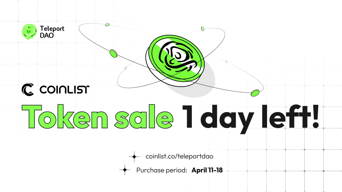 Only 1 day remaining of the $TST Token Sale on @CoinList! ⏳🚀 ➡️Participate now and join us as we make Bitcoin more interoperable than ever before: coinlist.co/teleportdao?ut…