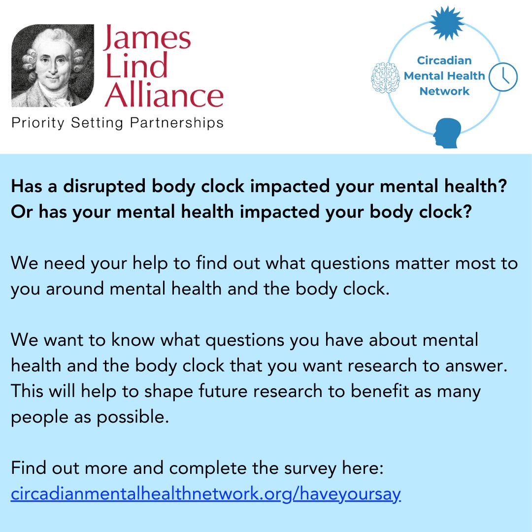 There's still time to have your say about what research should be looking at in the field of mental health, sleep, and circadian rhythms: forms.office.com/e/1SL5GjMPtt  #CMHN #haveyoursay #mentalhealth #Sleep #bodyclock