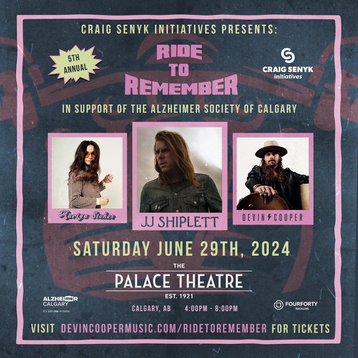 We are beyond stoked to announce the 5th Annual Ride to Remember in Support of the Alzheimer Society of Calgary. June 29th, join us at The Palace Theatre for an afternoon of live music! Our goal is raise $50,000 for the Alzheimer Society of Calgary! devincoopermusic.com/ridetoremember