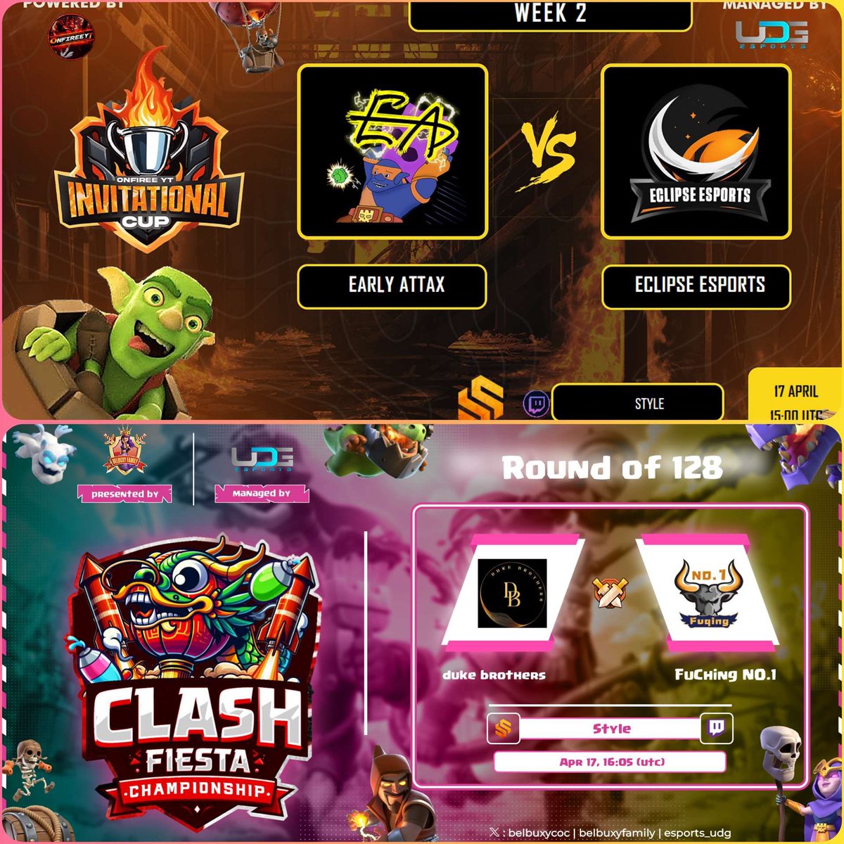 🟣 LIVEEEEEEEE!

Doble Guerra para el Día de hoy! 💪

🏆 OnFire Invitational Cup
✅ Early Attax 🆚 Eclipse Esports

🏆 Clash Fiesta
✅ FuChing No.1 🆚 Duke Brothers 

Veremos hoy a la nueva mascota en acción? 🤔

📺 twitch.tv/style_coc
