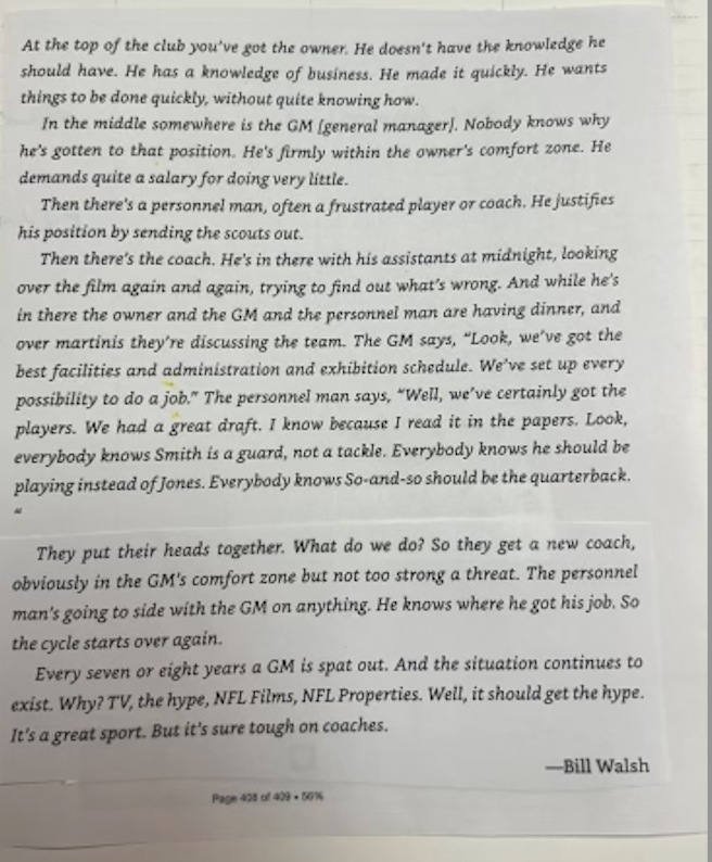 Re: The ESPN story ... someone sent me this right as this year's hiring cycle wound down, and it became clear Bill Belichick would fail to get a job. It's a passage from Bill Walsh's book, and explains dysfunction in a lot of organizations.