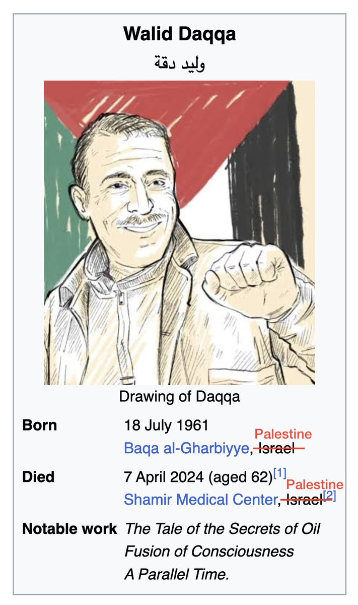On #PalestinianPrisonersDay, our @tri_continental in honour of Walid Daqqah mysteriously became the Wikipedia image. Walid spent nearly 40 years in Israeli prison and who died earlier this month due to cancer and medical negligence. (Portrait by @DanRuggeri)