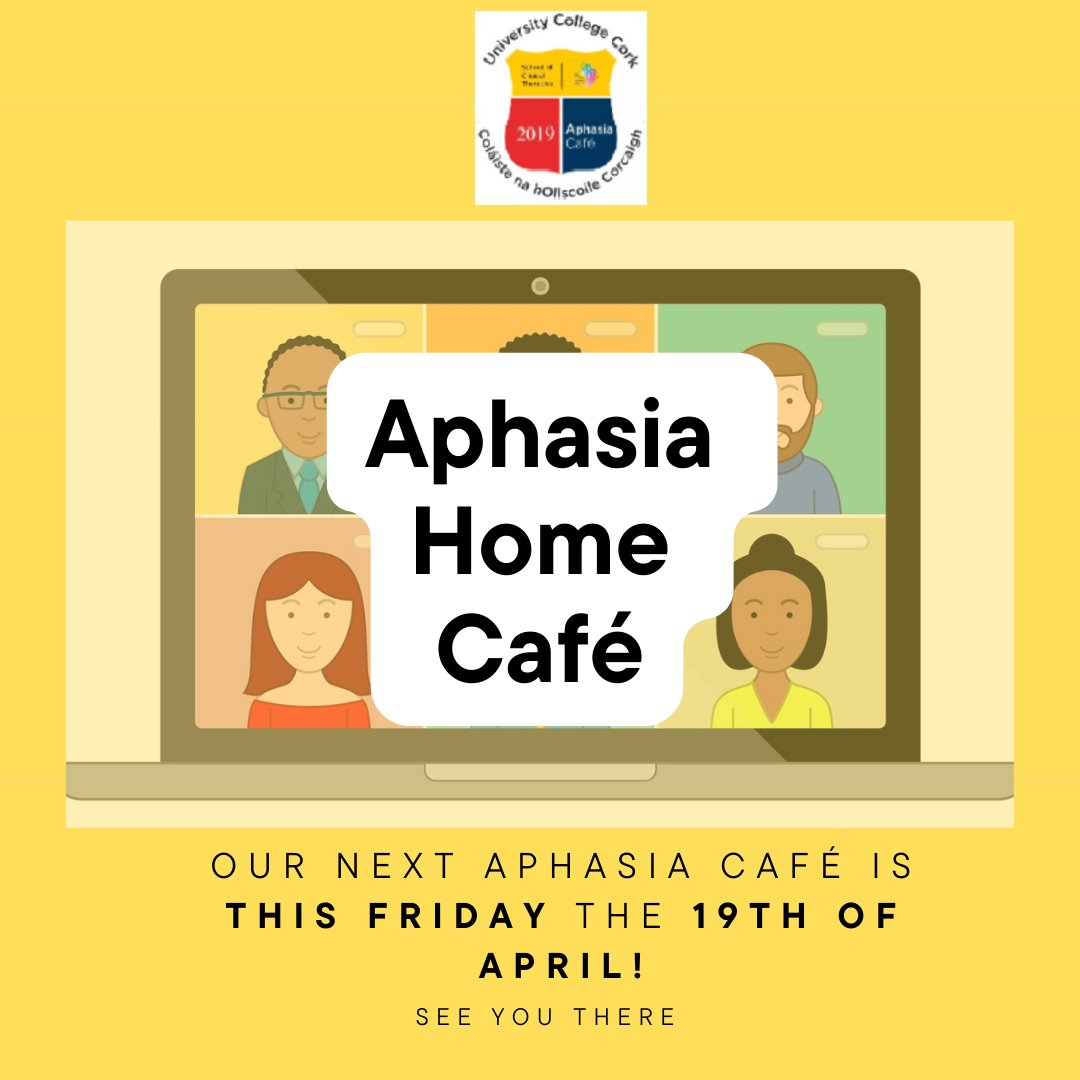 Aphasia Home Café (@aphasiahomecafe) on Twitter photo Our next Aphasia Café is this Friday at 11am!
You will have received your email by now! Don't forget your tea or coffee and we'll see you on Friday!
If you/anyone you know is experiencing Aphasia and would like to know more about the café email us at aphasiacafe@uccsocieties.ie Our next Aphasia Café is this Friday at 11am!
You will have received your email by now! Don't forget your tea or coffee and we'll see you on Friday!
If you/anyone you know is experiencing Aphasia and would like to know more about the café email us at aphasiacafe@uccsocieties.ie