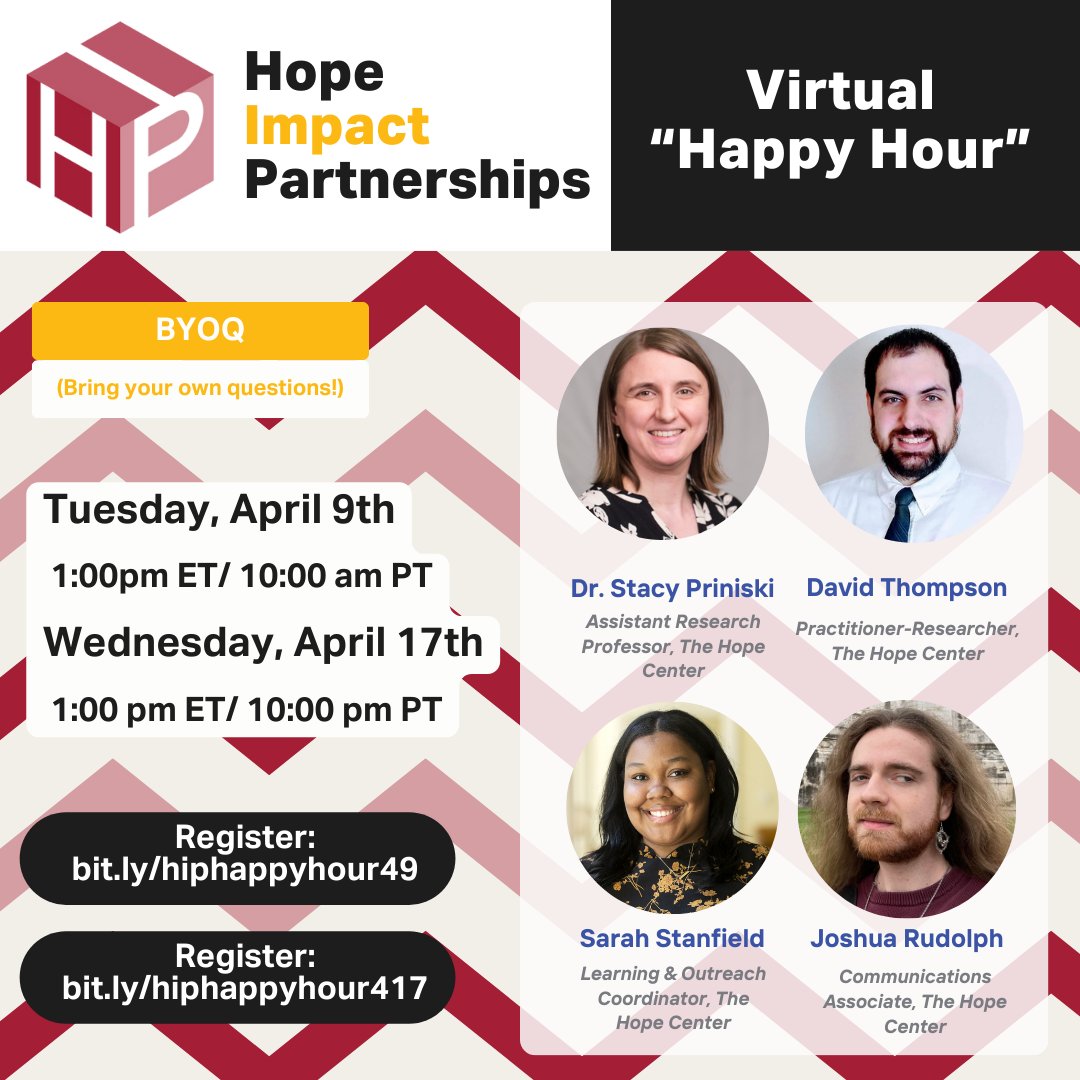 We're answering your questions about the Hope Impact Partnerships (HIP) TODAY at 1pm ET during our Virtual 'Happy Hour'! Come hang out with the team and learn more about what HIP can do to help you support your students!

Register: bit.ly/hiphappyhour417