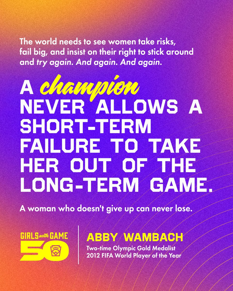 LittleLeague's tweet image. The DNA of a champion exists in every #GWG 🧬

@AbbyWambach | #GWG50