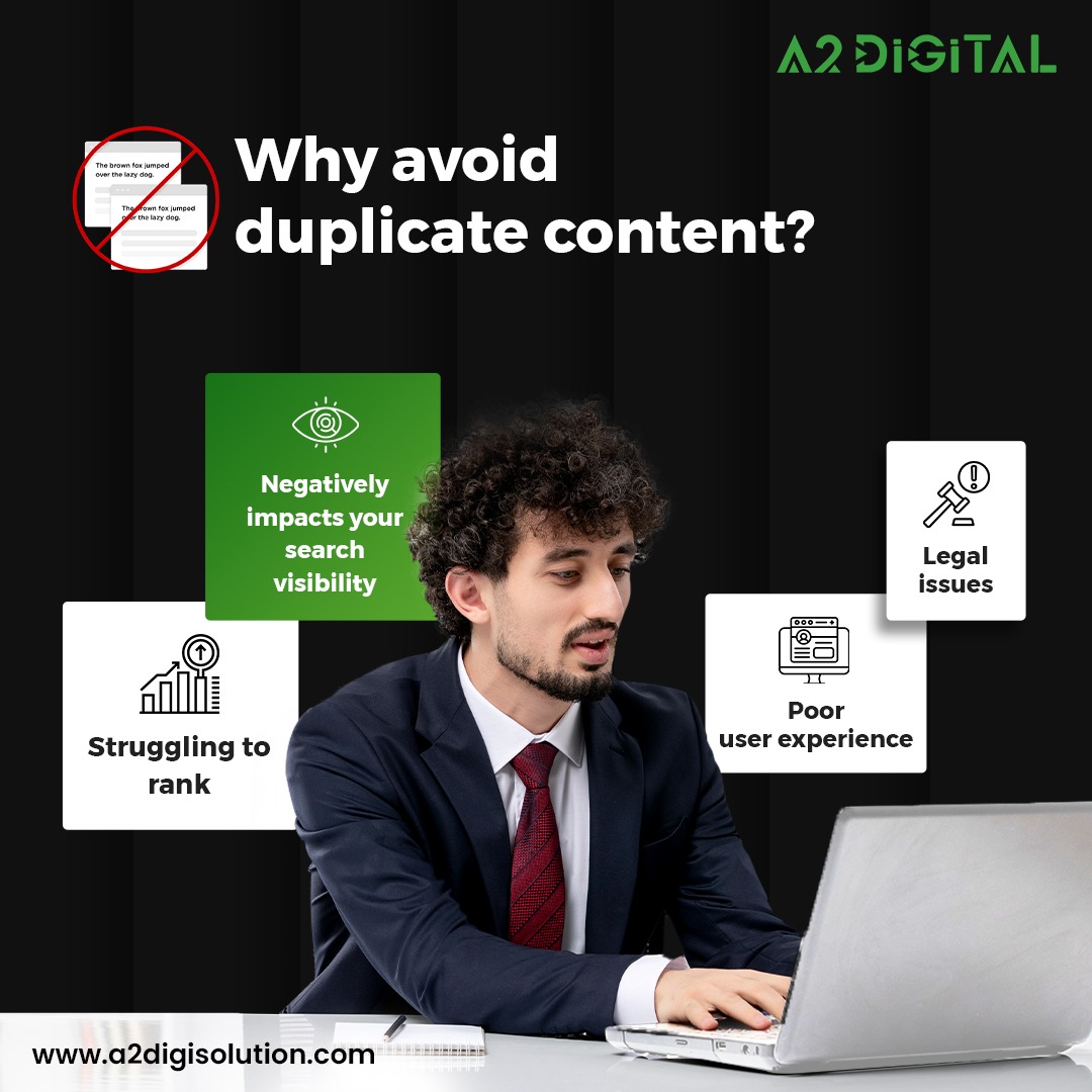 Duplicated content hurts SEO & user experience. Create original content to stand out! 📞Contact us at +91 98 224 225 44 or Visit us: 🌐a2digisolution.com . . #A2digital #BeOriginal #ContentMarketingTips #seo #content #digitalmarketingexpert #strategicmarketing