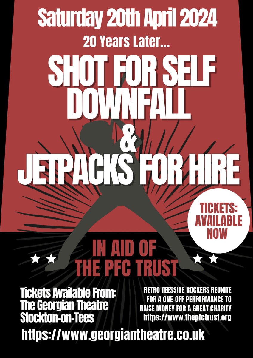 TOMORROW... To mark the 20th anniversary since Teesside rockers Shot For Self Downfall were formed, the band will be doing a one-off show for old times sake, with all proceeds going to the PFC Trust. Support from Jetpacks For Hire. 🎟️facebook.com/events/1457282…