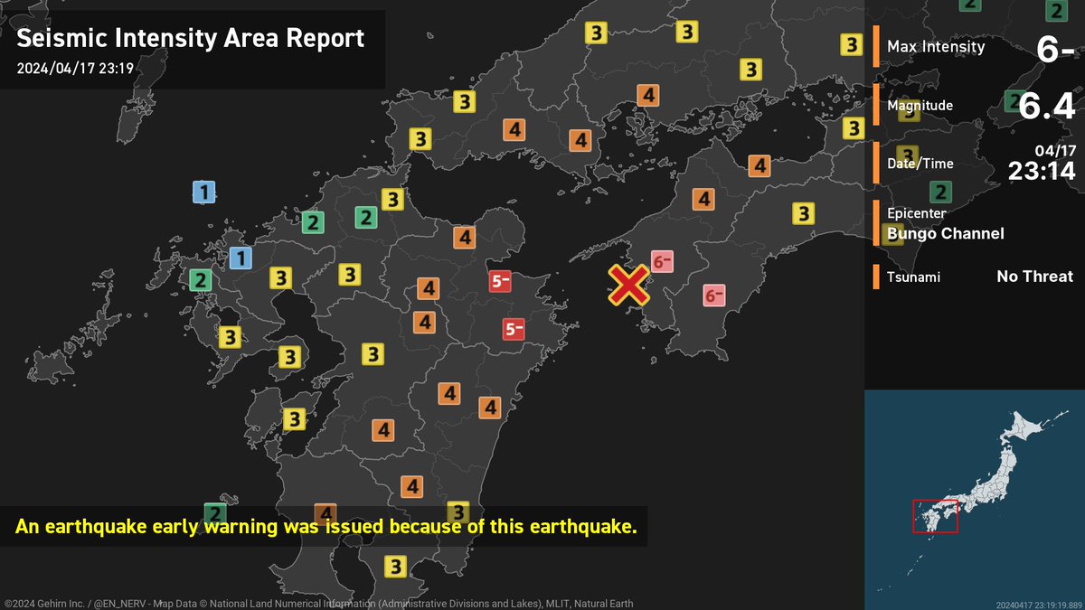 EN_NERV's tweet photo. Earthquake Detailed Report – 4/17
At around 11:14pm, an earthquake with a magnitude of 6.4 occurred in the Bungo Channel at a depth of 50km. The maximum intensity was 6-. There is no threat of a tsunami. #earthquake https://t.co/drjv0aUcoJ