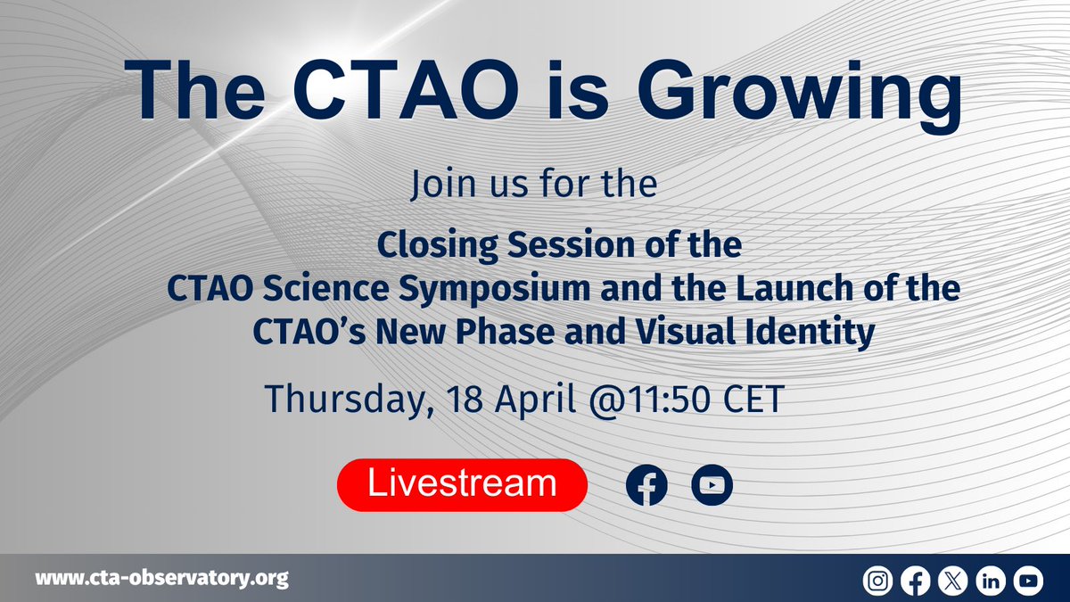 Join us live tomorrow for the official launch of the new phase of growth and new visual identity of the CTAO and learn about the scientific outcomes of the CTAO Science Symposium here: youtube.com/live/eXAXiTKwp… 📌

#CTAOisGrowing