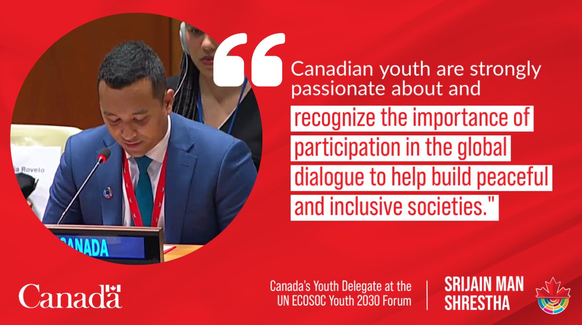 Fantastic speech by Canada’s youth delegate @SrijainMan at @UNECOSOC #Youth2030 Forum on youth engagement. Canada supports youth participation in public & political affairs to help make our societies inclusive and peaceful. #YouthLead
