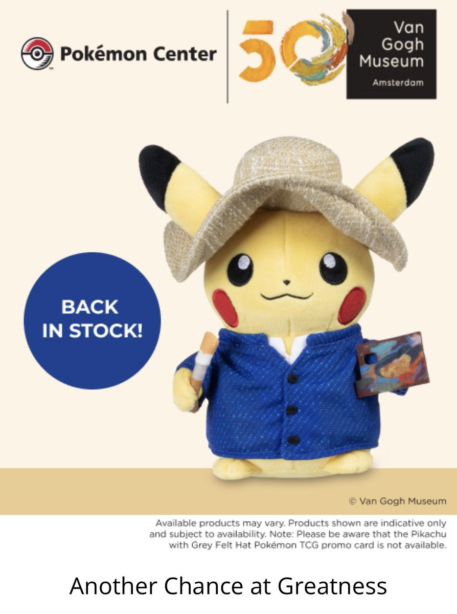 Van Gogh Pikachu is back in stock! 😯Now’s your chance to grab something before it sells out again. 🤔🛍️✨

pokemoncenter.com/category/van-g…

Good Luck shoppers! 🫶🏼😊

#Pokemon #VanGogh #AlmostShiny 
#PokemonCenter #PokemonGO