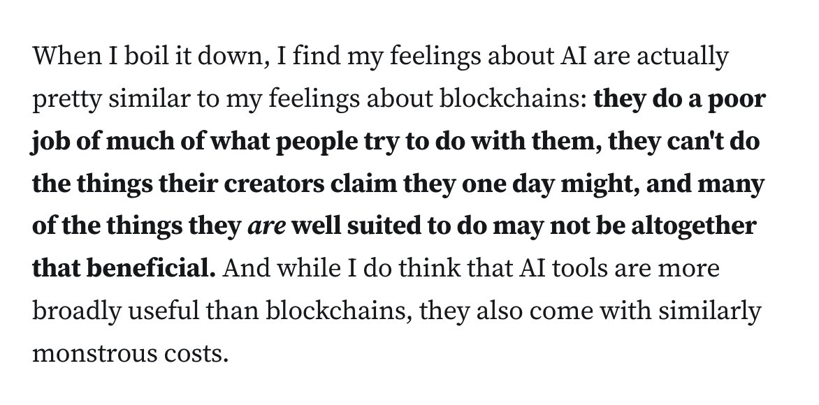 When I boil it down, I find my feelings about AI are actually pretty similar to my feelings about blockchains.