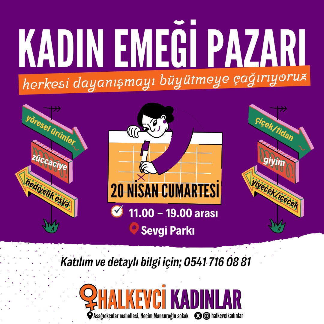 1 Mayıs'a sayılı günler kala Kadın Emeği Pazarında buluşuyoruz. Herkesi dayanışmayı büyütmeye bekliyoruz. Emeğimizle, dayanışmamızla, yaşamı yeniden kuracak biziz♀️ 🗓️20 Nisan Cumartesi ⏰11.00 | 19.00 arası 📍Sevgi Parkı (Sümerler Mahallesi)