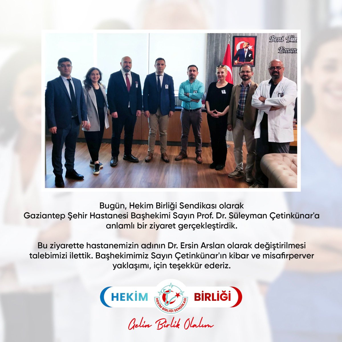 Bugün, Hekim Birliği Sendikası olarak Gaziantep Şehir Hastanesi Başhekimi Sayın Prof. Dr. Süleyman Çetinkünar'a anlamlı bir ziyaret gerçekleştirdik. Bu ziyarette hastanemizin adının Dr. Ersin Arslan olarak değiştirilmesi talebimizi ilettik. Başhekimimiz Sayın Çetinkünar'ın kibar