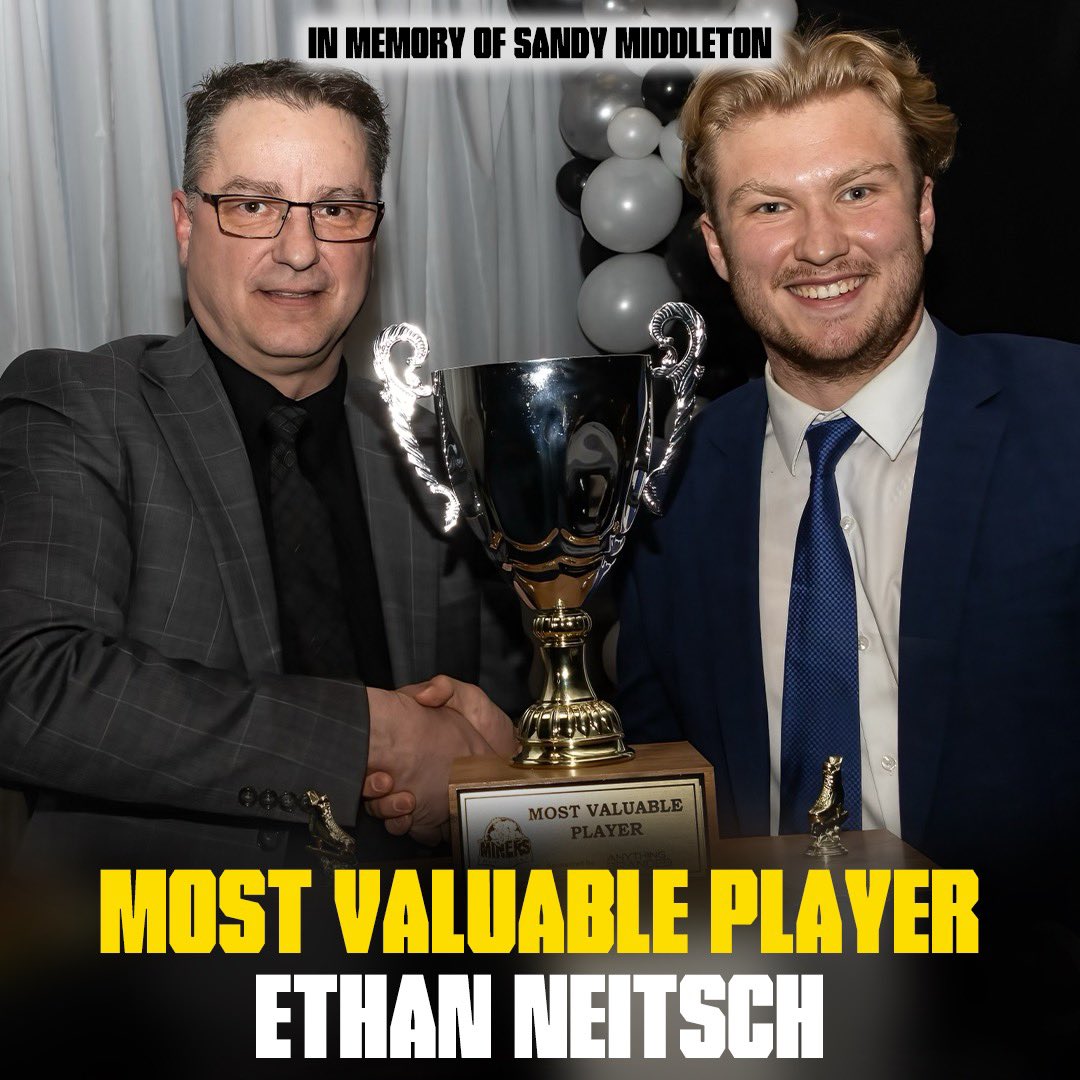 MVP | In honour of Sandy Middleton, this years Red Lake Miners Most Valuable Player is…

#01 Ethan Neitsch! 

#MinerFamily | #TheHardWay⚫️⛏️🟡