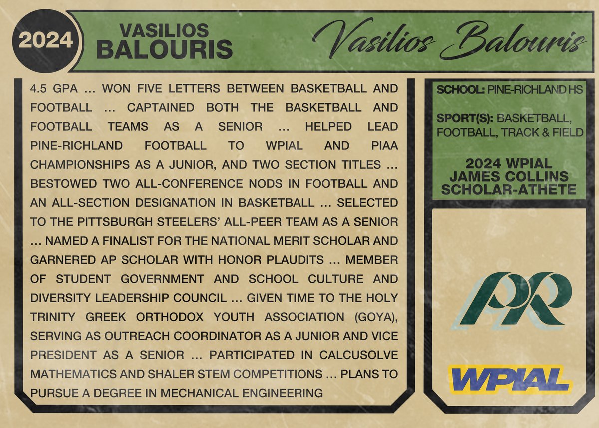 𝟐𝟎𝟐𝟒 𝐖𝐏𝐈𝐀𝐋 𝐉𝐚𝐦𝐞𝐬 𝐂𝐨𝐥𝐥𝐢𝐧𝐬 𝐒𝐜𝐡𝐨𝐥𝐚𝐫-𝐀𝐭𝐡𝐥𝐞𝐭𝐞 𝐀𝐰𝐚𝐫𝐝 𝐖𝐢𝐧𝐧𝐞𝐫

🥇 Vasilios Balouris, <a href="/PR_RamsAD/">Pine-Richland Athletics</a> (🏀🏈)

#WPIAL | 📚🏆