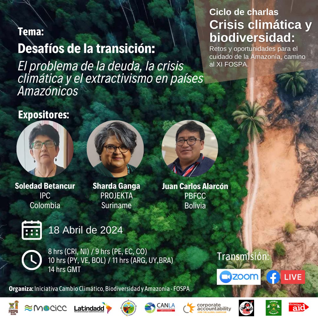 #Invitación | 📢Acompáñanos en este conversatorio para entender el problema de la deuda, la crisis climática y el extractivismo en países amazónicos 👇 📝 Regístrate en: bit.ly/49uz7Lw 📆 18 de abril de 2024 ⏰ 8:00 a.m. 📽️Transmisión en vivo: Facebok Live de @NTVinfo
