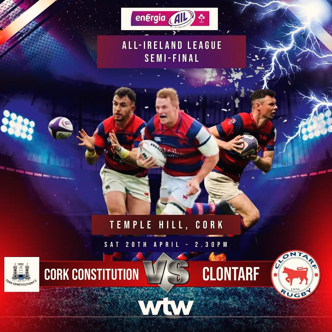 This Saturday! We take on Cork Constitution in the Energia All-Ireland League Semi-Final. Kick off is at 2.30pm in Temple Hill and we hope to see a big crowd of Tarf supporters make the trip to support the team 🤘🐂 #WhoAreWe #ClontarfRugby #EnergiaAIL