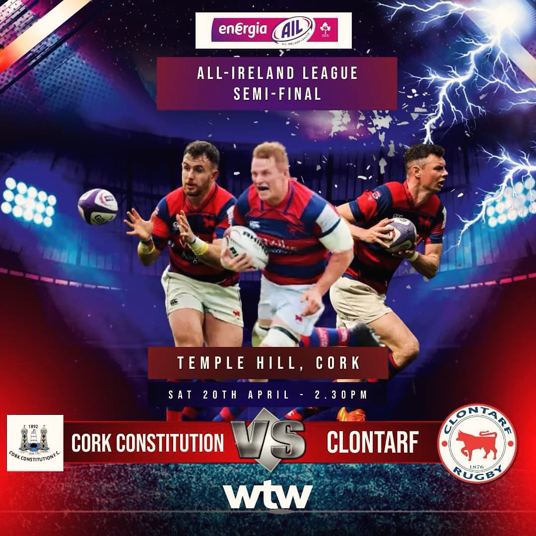 ClontarfRugby's tweet photo. This Saturday! 

We take on Cork Constitution in the Energia All-Ireland League Semi-Final.

Kick off is at 2.30pm in Temple Hill and we hope to see a big crowd of Tarf supporters make the trip to support the team 🤘🐂

#WhoAreWe #ClontarfRugby #EnergiaAIL https://t.co/m3B1owEeoo