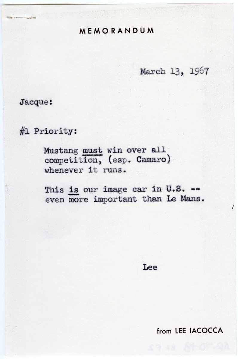 More Mustang history... This memo is from Lee Iacocca after meeting with Carroll Shelby where all agreed the @FordMustang would be a flagship for @Ford on and off the race track. This was just a couple months before we won Le Mans the second time. The rest is history! Thanks to…