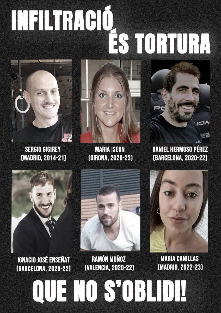 Acabem amb l'espionatge de l'estat. Visibilitzem la identitat dels infiltrats. 🔥

Ni oblidem ni perdonem. 💪

#InfiltracioEsTortura