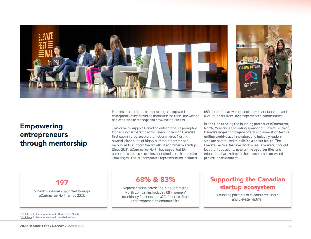 Our partners @Moneris just released their annual ESG Report. See page 19 to learn how our work together is impacting Canadian #entrepreneurs and #startups through our eCommerce North programs. View the report in its entirety here: moneris.com/en/esg-report #ElevateTechCA #cdnbiz