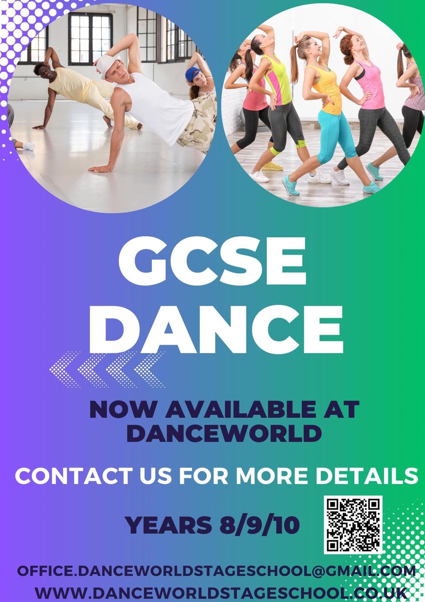 danceworld1's tweet photo. If you are in school years 8, 9 or 10 and would like to take GCSE dance but your school doesn’t offer it please contact us 

Our GCSE dance training starts at Danceworld on 18th April  

For more information please contact us 
For more details

Or scan the QR code 

#GCSEPrep https://t.co/3gZLgid0iO