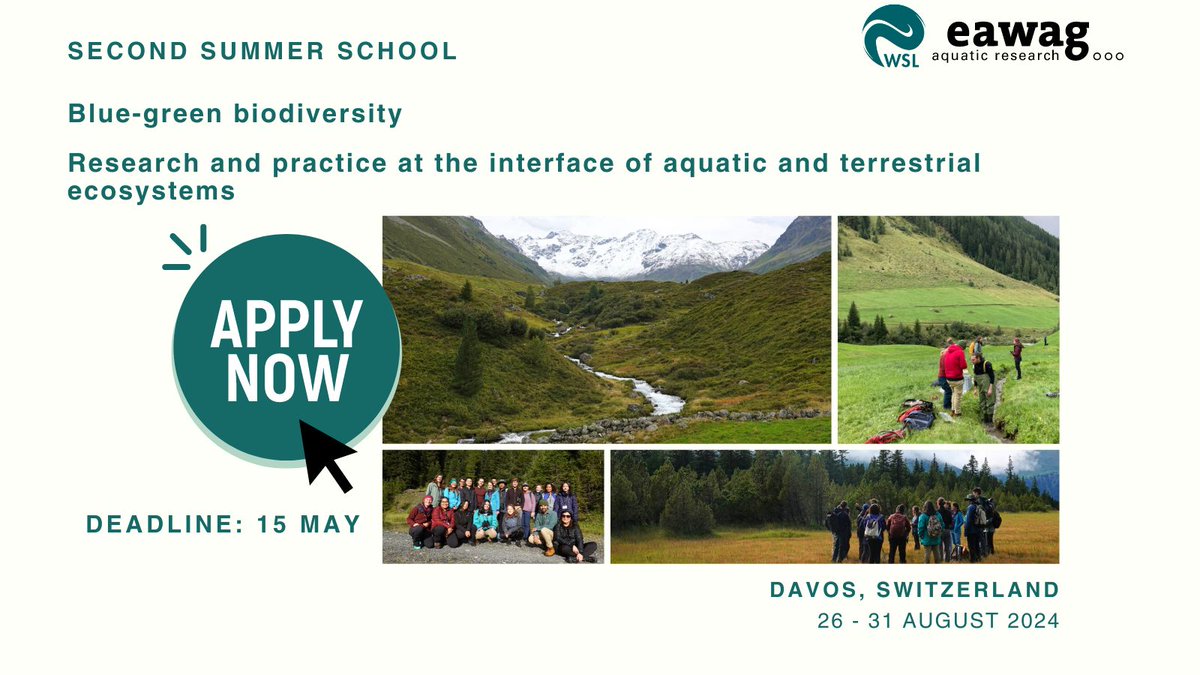 Less than 1 month left to apply to the second edition of our summer school on blue-green biodiversity! We have an exciting program, great speakers & a beautiful location in the Swiss Alps. Submit your application (CV, project summary & cover letter) here: biodiversitycenter.wsl.ch/en/events/deta…