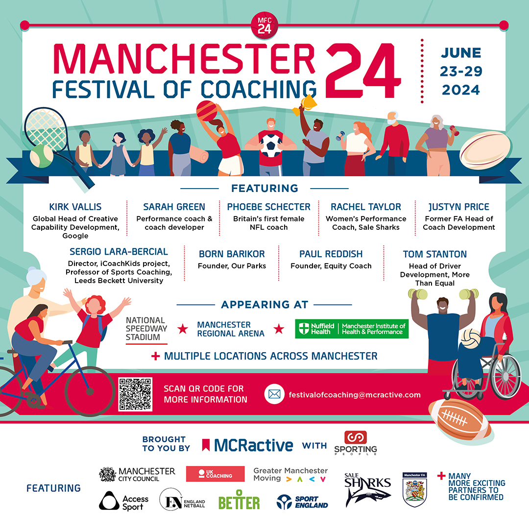 We're excited to announce the lineup for the FIRST EVER Manchester Festival of Coaching! 📅 23 - 29 June Featuring activities, events and workshops designed to inspire and support Manchester's INCREDIBLE sports coaches and leaders. More 📷mcractive.com/activity/manch… #MFC24