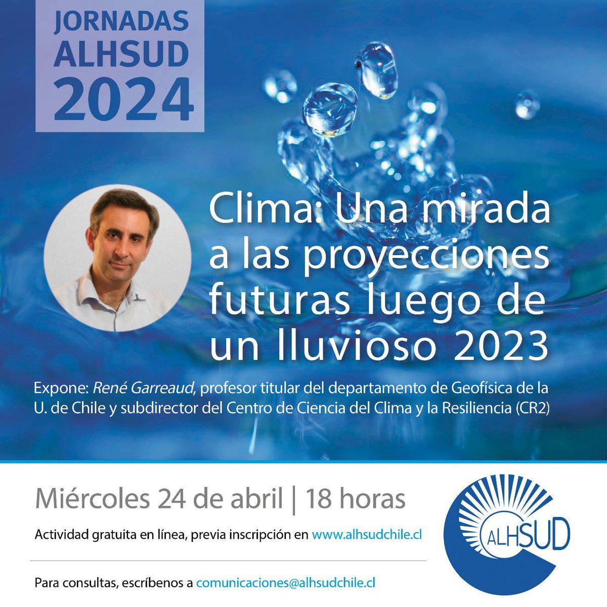 💻 Webinario💧Clima: Una mirada a las proyecciones futuras luego de un lluvioso 2023
🗓 Mi 24/04⌚18 hrs
➡ Inscripción: bit.ly/3gnEaSc
✅ Más info: n9.cl/camtq
 📌 Expone: René Garreaud 
🗣 Profesor titular depto Geofísica <a href="/uchile/">Universidad de Chile</a> y subdirector  <a href="/CR2_uchile/">Centro de Ciencia del Clima y la Resiliencia CR2</a>