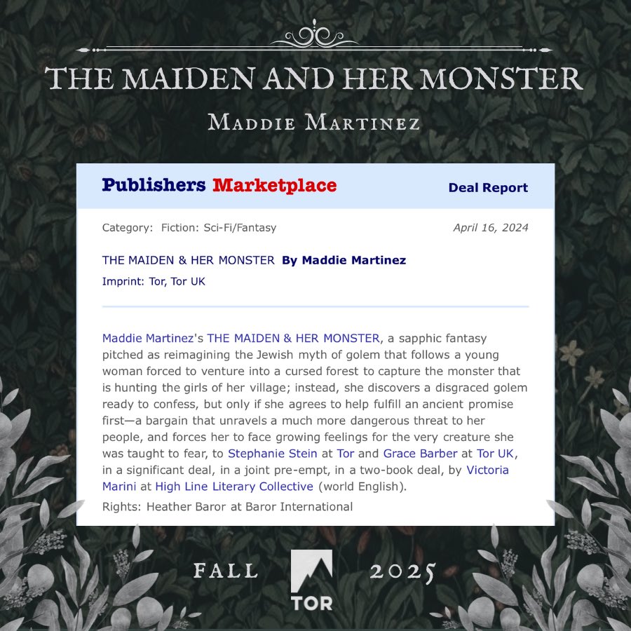 THE MAIDEN AND HER MONSTER is PM Official! 🥀 ICYMI, my debut novel is coming out fall 2025 with @torbooks and @uktor. It features… 🌿 a cursed forest 📜 stories within stories ✡️ Jewish myth & history 🥀 a sapphic monster romance See below for an info roundup 🌱⬇️