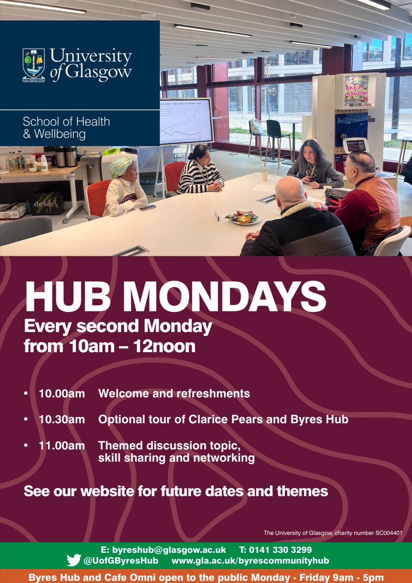 Friday 19th is our monthly community drop in from 11am - 1pm. Come for tea, chat, see the hub, meet volunteers. Then on 22nd we have Hub Monday 10am - 12noon on student engagement with the third sector so of interest to community orgs & UofG students 90 Byres Road, G12 8TB