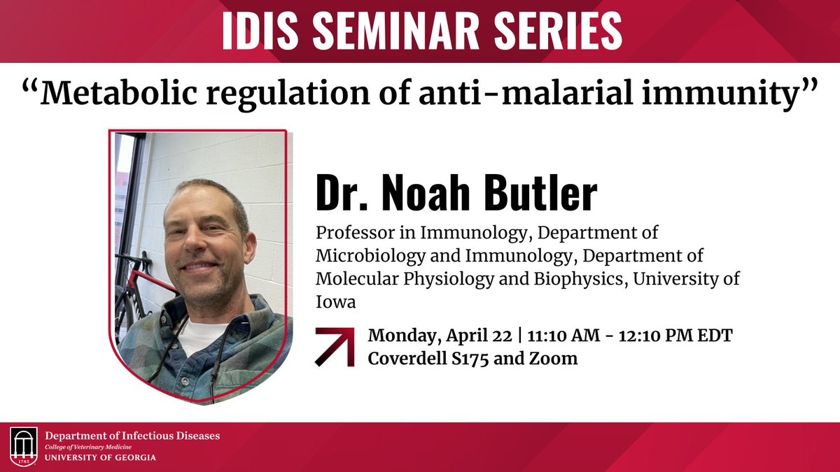 Join us Monday, April 22 for a seminar with Dr. Noah Butler of @ButlerLabIowa. We hope to see you there!
