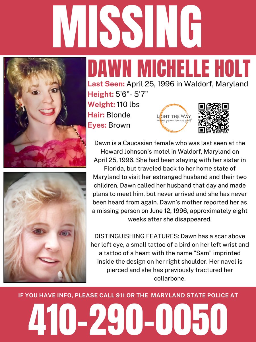 #DawnMichelleHolt was last seen on April 25, 1996 in Waldorf, #Maryland. She had traveled from Florida to Maryland to visit her estranged husband and two children. Dawn had spoken with and made plans to meet her husband but she never arrived and has not been heard from since.