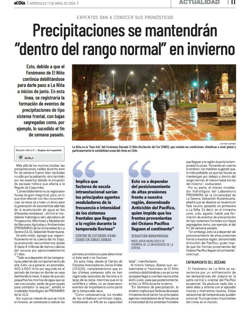 PROMMRA's tweet photo. #PROMMRA en la prensa 🗞️
Precipitaciones se mantendrán "dentro del rango normal" en invierno ☁️
Nuestro modelador hidrológico, el Mg. e ing. agr. Sebastián Norambuena, entregó un análisis detallado de lo que se avecina para este invierno 2024 ☝️🤓
#regiondecoquimbo https://t.co/iZ7NXVnSAw