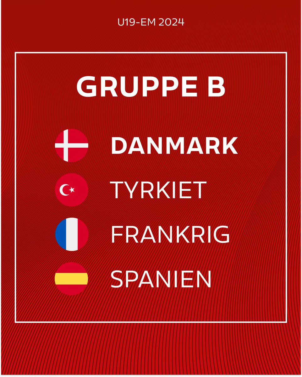 🇩🇰 EM-GRUPPE 🇩🇰 Her er U19-herrelandsholdets EM-gruppe. De danske drenge skal op imod Tyrkiet, Frankrig og Spanien 👊 Danmark er ét af kun otte hold, der rejser til Nordirland i midten af juli for at deltage i slutrunden. Det er U19-herrelandsholdets første EM 🙌🇩🇰 Danmark…