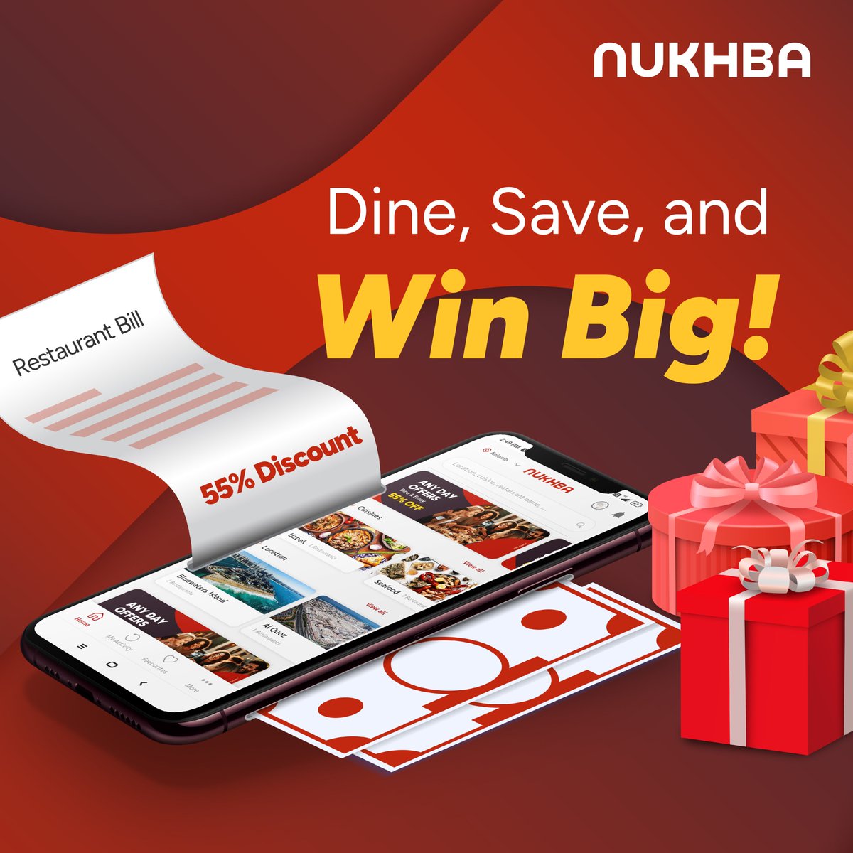 NukhbaApp's tweet photo. Indulge, Save, Win: Your Ultimate Dining Adventure Awaits! Get exclusive dining discounts at your favorite restaurants and a chance to win exciting surprises every time you dine or play games on the Nukhba app.

#nukhba #nukhbaApp #dubairestaurants #dubaieats #dubaifood https://t.co/mXa2QfK7PS