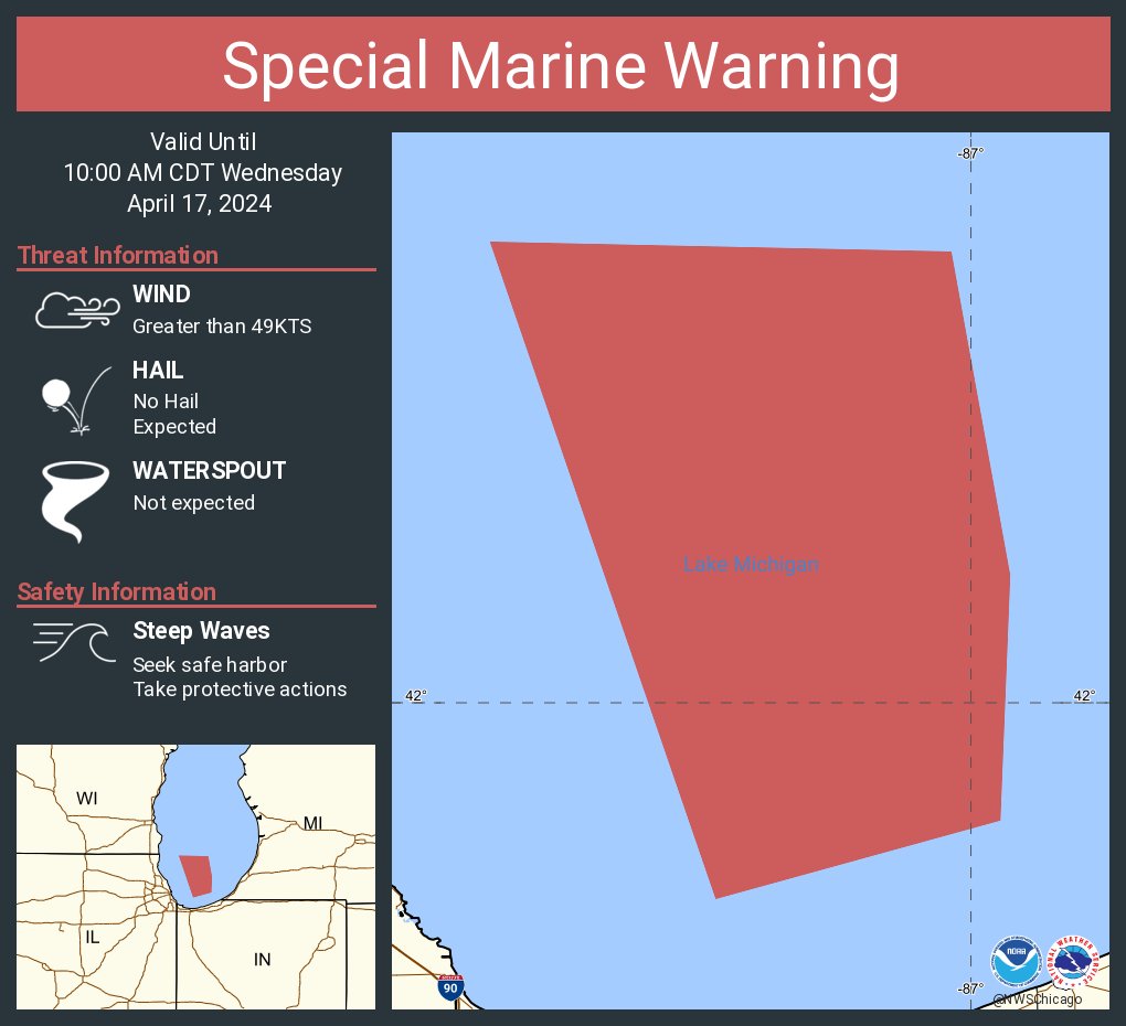 Special Marine Warning continues for the Lake Michigan from Winthrop Harbor to Wilmette Harbor IL 5NM offshore to Mid Lake and Lake Michigan from Wilmette Harbor to Michigan City in 5NM offshore to Mid Lake until 10:00 AM CDT