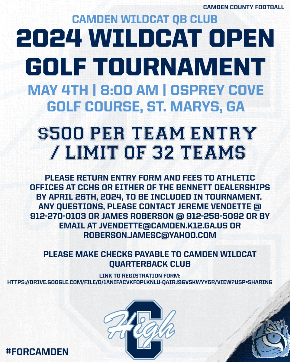 We are 2 weeks away from our Annual QB Club Golf Tournament at Osprey Cove on May 4th. Space is available.