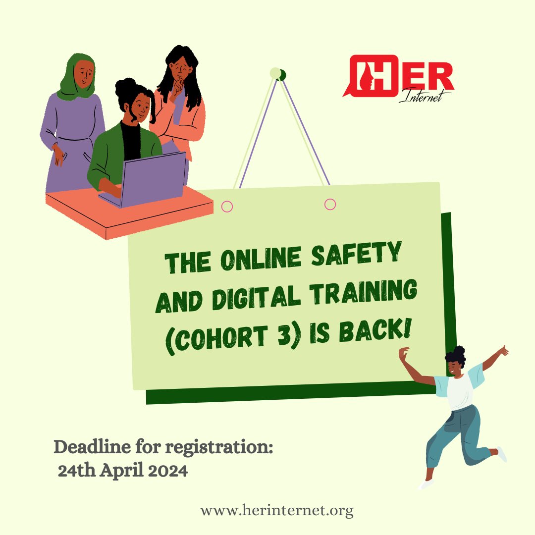 📢Are you a womxn curious about enhancing your digital security and safety skills? Our Online Safety and Security Training Cohort 3 is back! If you’re interested, register here: shorturl.at/EOUW1 to secure your spot by; 24th April 2024. Please share with your networks.