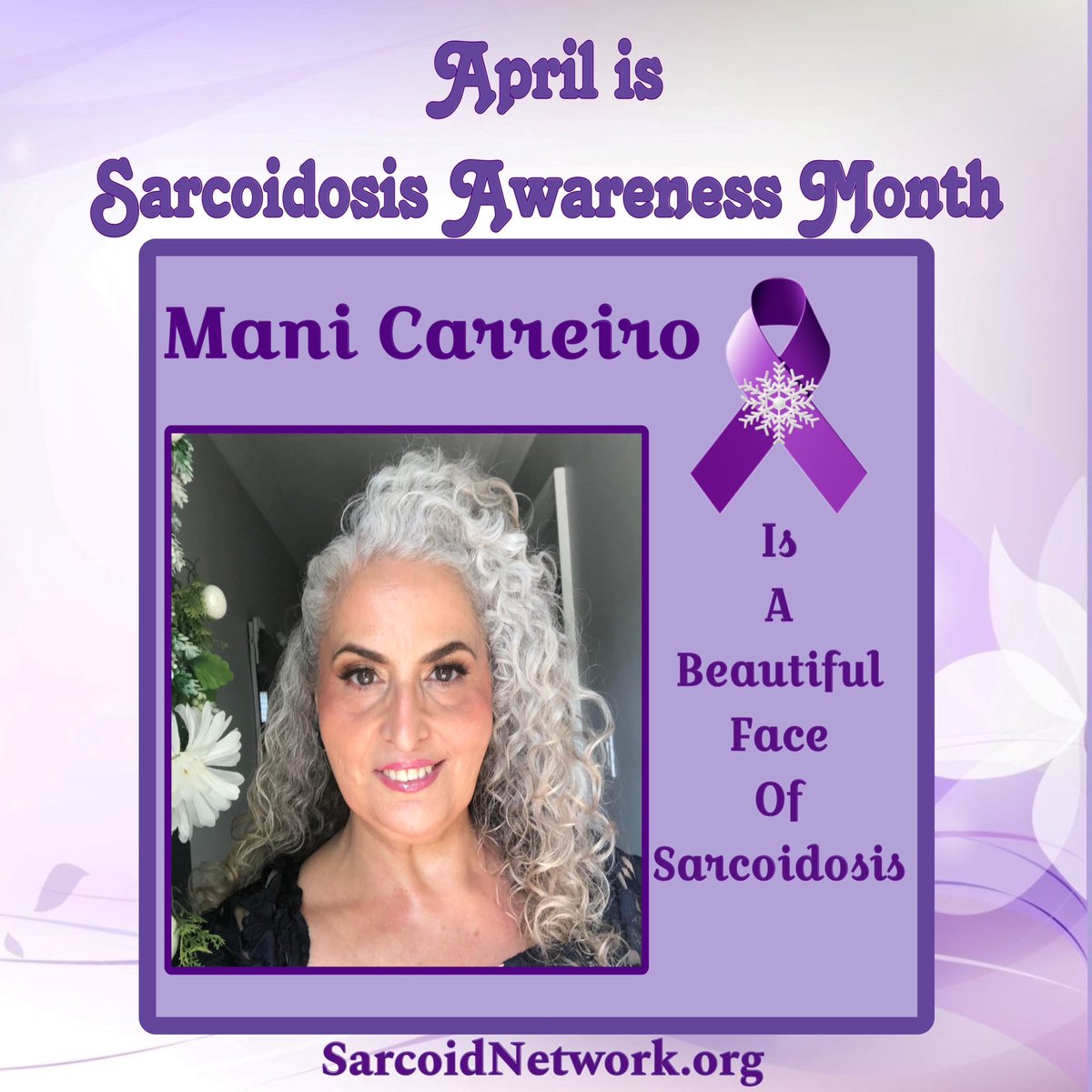 This is our Sarcoidosis Sister Mani Carreiro and she is a Beautiful Faces of Sarcoidosis!💜

Today is Mani’s Birthday so let’s send her bunches of birthday wishes!💜🎂🎉

#Sarcoidosis #raredisease #patientadvocate  #beautifulfacesofsarcoidosis #sarcoidosisawarenessmonth