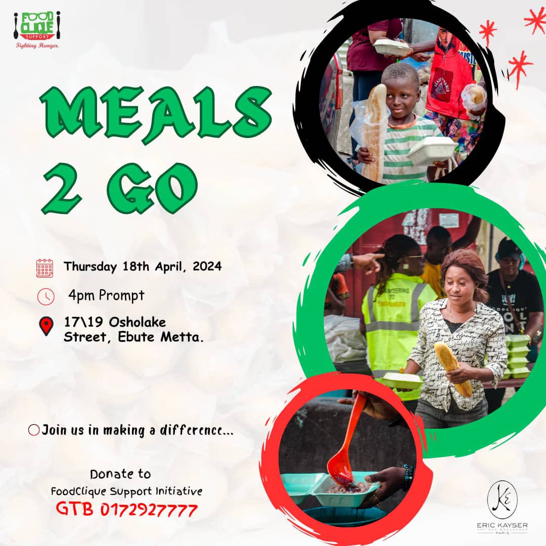 Join us in making a difference ….

Meals 2 Go resumes tomorrow 🥳🥳

#foodcliquesupport #sdg2030 #zerohunger  #sdg2 
#hungerheroes #endinghunger #foodsystem #charity #donation #giftsthatkeepongiving #socialimpact #agenda2030